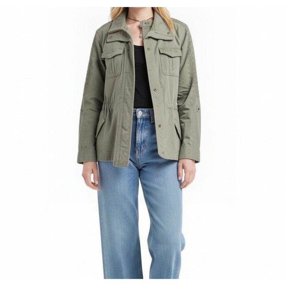 Talbots Utility Jacket Women Large Sage Green Embroidered Full Zip Snap Roll Tab